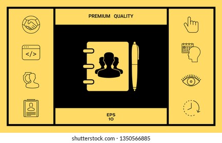 Notebook, address, phone book with symbol of group people and pen icon. Graphic elements for your design