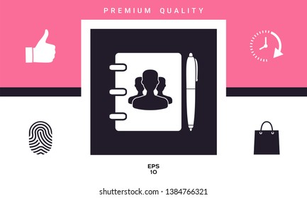 Notebook, address, phone book with symbol of group people and pen icon. Graphic elements for your design