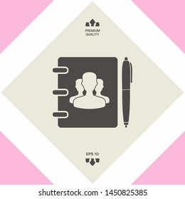 Notebook, address, phone book with symbol of group people and pen icon. Graphic elements for your design