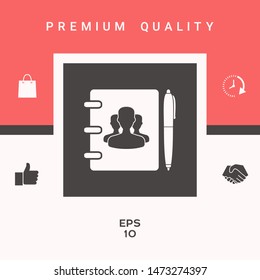 Notebook, address, phone book with symbol of group people and pen icon. Graphic elements for your design