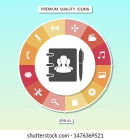 Notebook, address, phone book with symbol of group people and pen icon. Graphic elements for your design