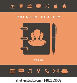 Notebook, address, phone book with symbol of group people and pen icon. Graphic elements for your design
