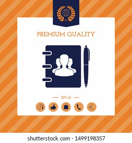 Notebook, address, phone book with symbol of group people and pen icon. Graphic elements for your design