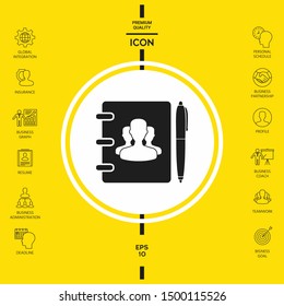 Notebook, address, phone book with symbol of group people and pen icon. Graphic elements for your design