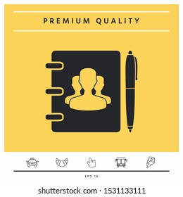 Notebook, address, phone book with symbol of group people and pen icon. Graphic elements for your design