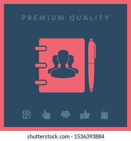 Notebook, address, phone book with symbol of group people and pen icon. Graphic elements for your design