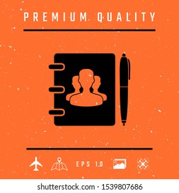 Notebook, address, phone book with symbol of group people and pen icon. Graphic elements for your design
