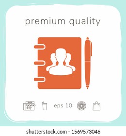 Notebook, address, phone book with symbol of group people and pen icon. Graphic elements for your design