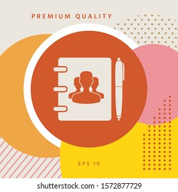 Notebook, address, phone book with symbol of group people and pen icon. Graphic elements for your design