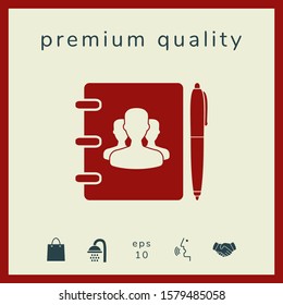 Notebook, address, phone book with symbol of group people and pen icon. Graphic elements for your design