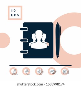 Notebook, address, phone book with symbol of group people and pen icon. Graphic elements for your design