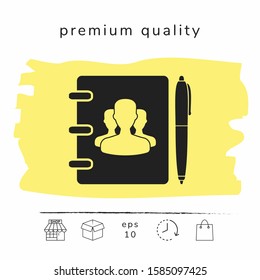 Notebook, address, phone book with symbol of group people and pen icon. Graphic elements for your design