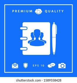 Notebook, address, phone book with symbol of group people and pen icon. Graphic elements for your design