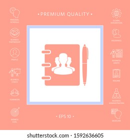 Notebook, address, phone book with symbol of group people and pen icon. Graphic elements for your design