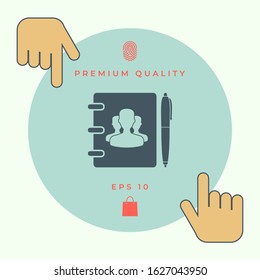 Notebook, address, phone book with symbol of group people and pen icon. Graphic elements for your design