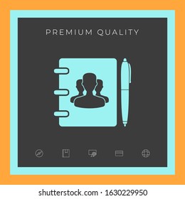 Notebook, address, phone book with symbol of group people and pen icon. Graphic elements for your design