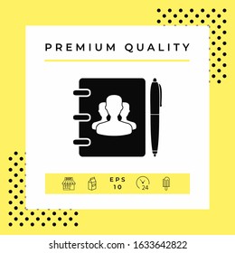 Notebook, address, phone book with symbol of group people and pen icon. Graphic elements for your design