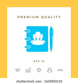 Notebook, address, phone book with symbol of group people and pen icon. Graphic elements for your design