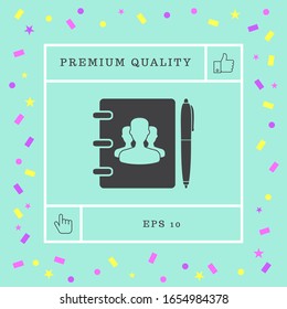 Notebook, address, phone book with symbol of group people and pen icon. Graphic elements for your design