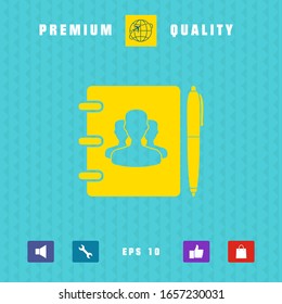 Notebook, address, phone book with symbol of group people and pen icon. Graphic elements for your design