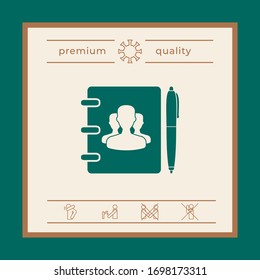 Notebook, address, phone book with symbol of group people and pen icon. Graphic elements for your design