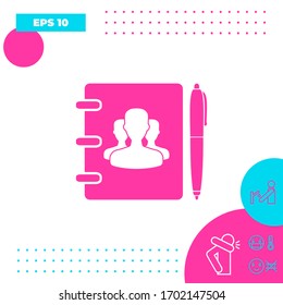 Notebook, address, phone book with symbol of group people and pen icon. Graphic elements for your design