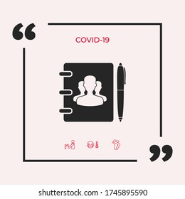 Notebook, address, phone book with symbol of group people and pen icon. Graphic elements for your design