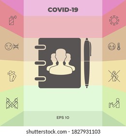 Notebook, address, phone book with symbol of group people and pen icon. Graphic elements for your design