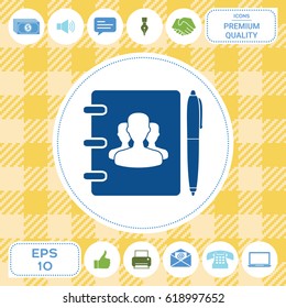Notebook, address, phone book with symbol of group people and pen icon