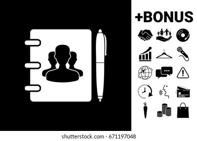 Notebook, address, phone book with symbol of group people and pen icon
