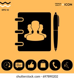 Notebook, address, phone book with symbol of group people and pen icon