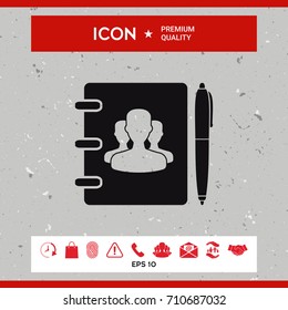 Notebook, address, phone book with symbol of group people and pen icon