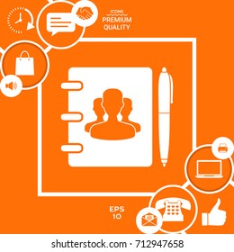 Notebook, address, phone book with symbol of group people and pen icon