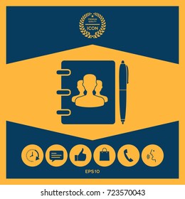 Notebook, address, phone book with symbol of group people and pen icon