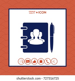 Notebook, address, phone book with symbol of group people and pen icon