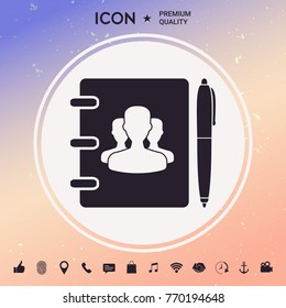 Notebook, address, phone book with symbol of group people and pen icon