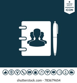 Notebook, address, phone book with symbol of group people and pen icon