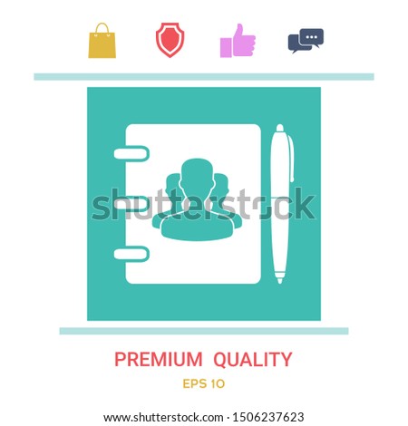 Notebook, address, phone book with symbol of group people and pen icon. Graphic elements for your design