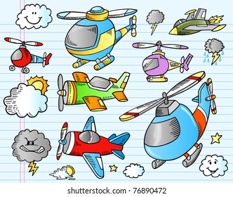 Notebook Aircraft Weather Doodle Sketch Vector Illustration Set