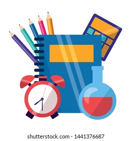 notebook alarm clock test tube calculator pencils back to school vector illustration