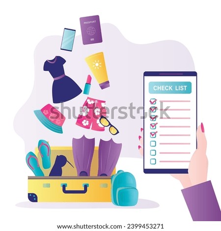 Notebook app on smartphone, checklist, to-do list. Woman packs things in suitcase and prepares to travel. Preparing for rest and vacation. Things and clothes fall into luggage. vector illustration