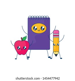 notebook with apple fruit and pencil kawaii style