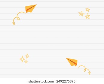 Notebook background with 3D flying yellow paper airplanes. Vector cartoon children’s school