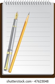 Notebook background in lines with pen and pencil