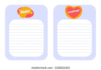 Notebook background. Paper sheets, notes and meetings. Cute style agenda backdrop, reminder and diary. Empty list, blank planner template, to do, task and checklist stationery. Vector set