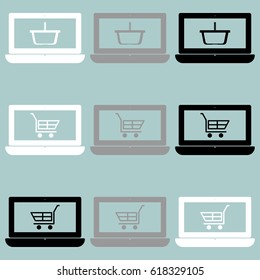 Notebook with basket and cart on the screen icon set.