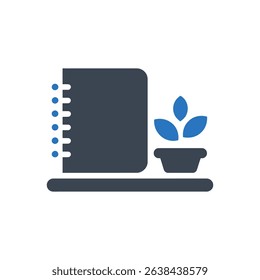 A notebook beside a plant in a pot icon.