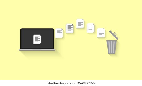 Notebook and bin in delete or remove files concept with shadows on yellow background.