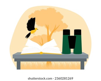 Notebook and binoculars lie on the table, there are birds flying above them, bird watching vector illustration.