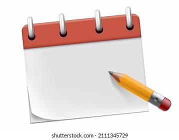 Notebook with blank page and pencil. Notepad template isolated on white background. Vector illustration
